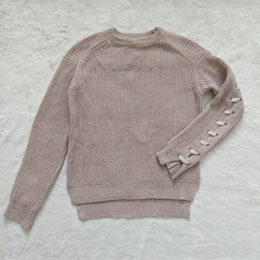 John + Jenn 100% Cotton Pullover Knit‎ Sweater Beige Taupe XS Lace-Up Ribbon